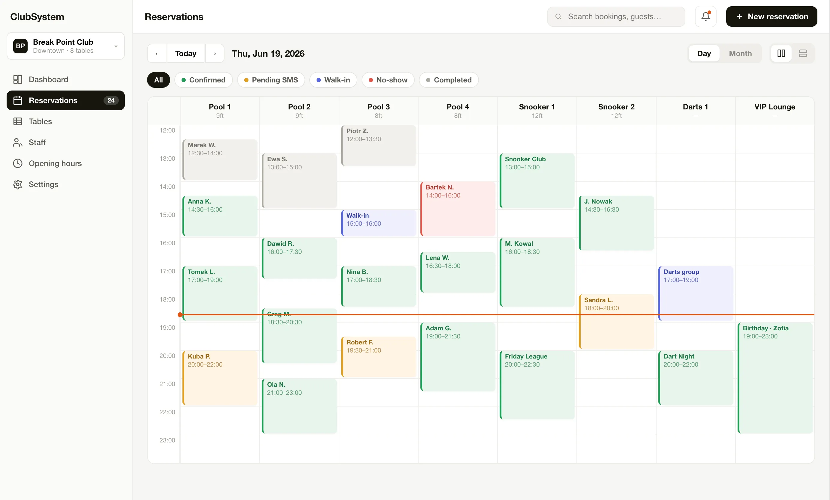 ClubSystem admin dashboard with live booking flow