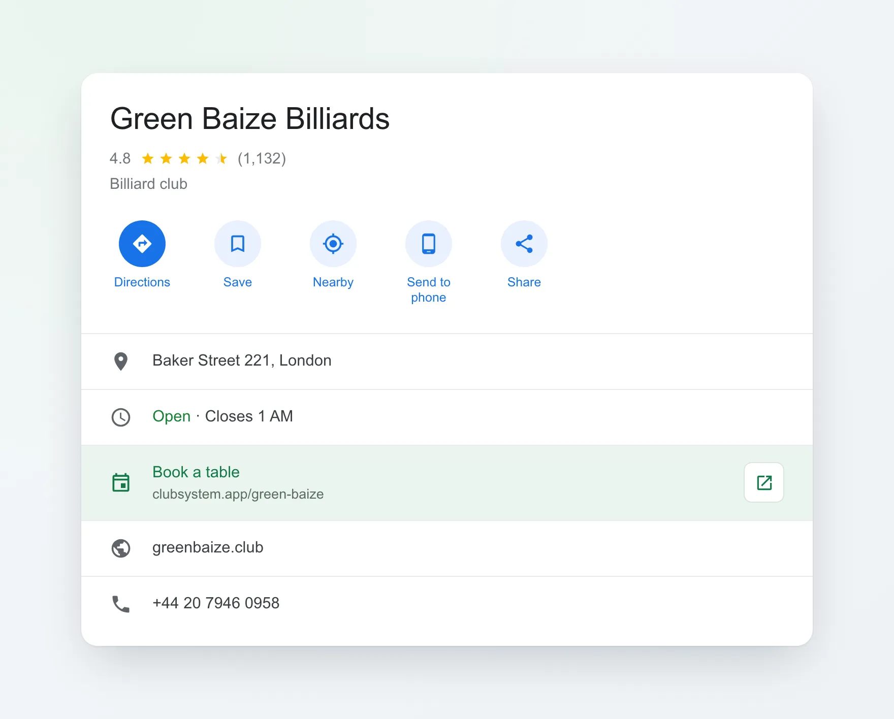 Google Business Profile for a billiard club showing a "Book a table" link to the ClubSystem booking page