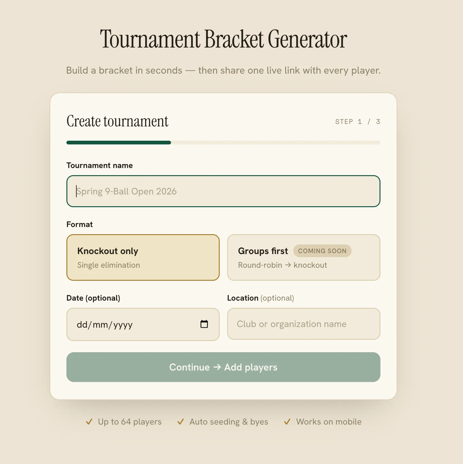 The Create tournament screen in ClubSystem — naming the event, choosing the knockout format, and setting an optional date and location.